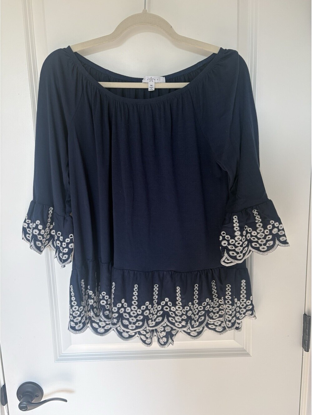 Fever Womens Blouse Size M Navy Coastal Beach Resort Eyelet